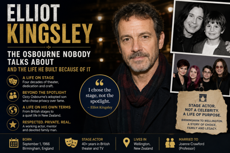 Stylized magazine-style feature image about Elliot Kingsley, the adopted son of Ozzy Osbourne. The design features a large portrait of Elliot in the center against a dark theater-inspired background, with bold gold and white typography reading “Elliot Kingsley: The Osbourne Nobody Talks About.” Side panels include family-style photos referencing Ozzy Osbourne and the Osbourne family. Text highlights Elliot’s decades-long theater career, his preference for privacy over fame, and his life in Wellington, New Zealand. The overall tone is dramatic, cinematic and editorial.