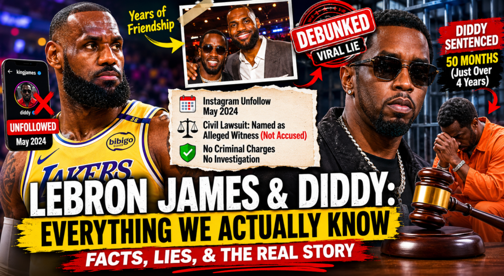 Featured image showing LeBron James and Sean “Diddy” Combs in a dramatic news-style composition with headlines about friendship, controversy, misinformation, and Diddy’s federal sentencing.