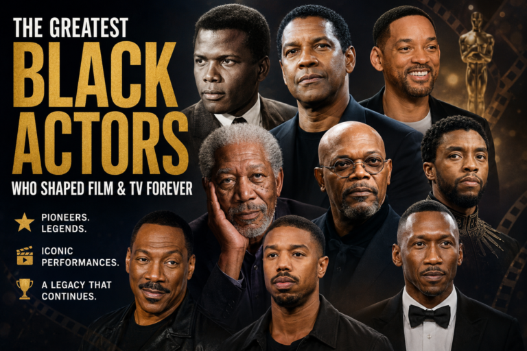 Collage-style featured image highlighting some of the most famous Black actors in Hollywood history, including Sidney Poitier, Denzel Washington, Morgan Freeman, Will Smith, Samuel L. Jackson, Chadwick Boseman, Eddie Murphy, Michael B. Jordan, and Mahershala Ali. Bold gold and white typography prominently features the focus keyword “Famous Black Actors” with the headline “Famous Black Actors Who Shaped Film & TV Forever.” Set against a dramatic cinematic background with film reels, spotlight effects, red-carpet glamour, and award-inspired visuals that celebrate the legacy and influence of Black performers in entertainment.