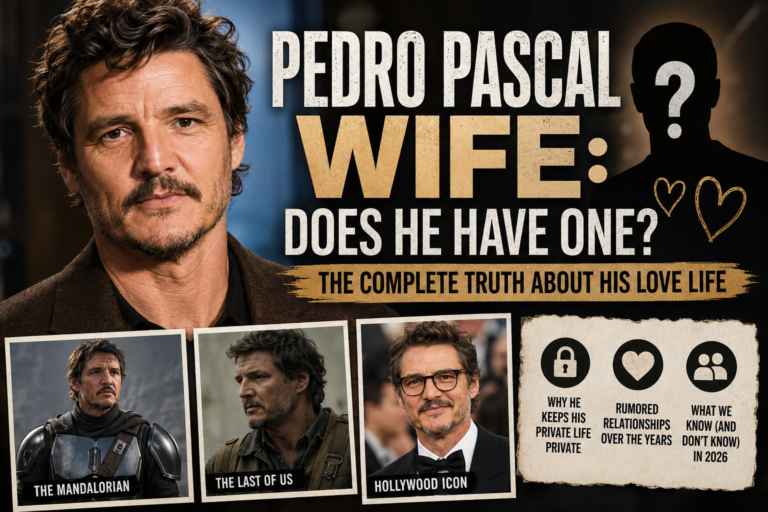 Featured image of Pedro Pascal with bold headline text asking “Does He Have One?” styled like a cinematic magazine cover. The design includes dramatic portraits of Pascal, references to his famous roles in The Mandalorian and The Last of Us, and visual elements symbolizing mystery and privacy around his love life.