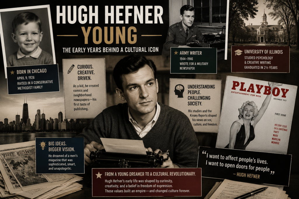 Hugh Hefner young portrayed as an ambitious student and aspiring publisher in mid-century Chicago, surrounded by books, magazines and creative projects that foreshadow the future creation of Playboy.