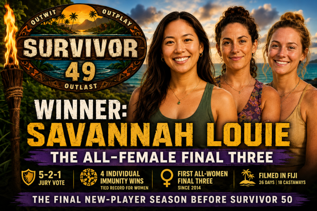 Promotional graphic for Survivor 49 featuring winner Savannah Louie standing in front of a tropical Fiji sunset beside the season’s all-female final three. A large Survivor logo appears on the left with bold text reading “Winner: Savannah Louie.” Additional graphics highlight the 5-2-1 jury vote, four individual immunity wins, the first all-women final three since 2014, and the season’s connection to Survivor 50.