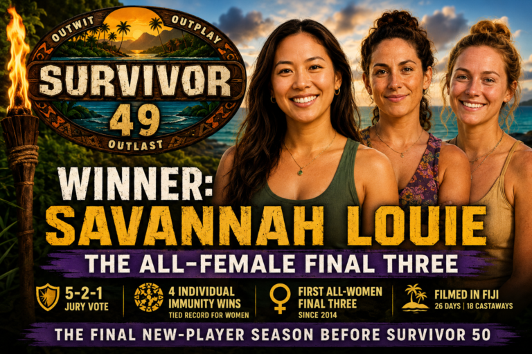 Promotional graphic for Survivor 49 featuring winner Savannah Louie standing in front of a tropical Fiji sunset beside the season’s all-female final three. A large Survivor logo appears on the left with bold text reading “Winner: Savannah Louie.” Additional graphics highlight the 5-2-1 jury vote, four individual immunity wins, the first all-women final three since 2014, and the season’s connection to Survivor 50.