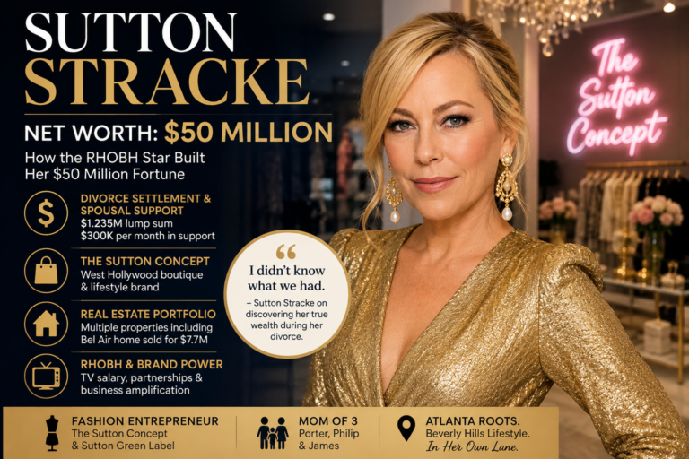 Promotional infographic-style image of reality television personality Sutton Stracke in a gold dress, highlighting her estimated $50 million net worth, fashion business ventures, real estate holdings, and role on The Real Housewives of Beverly Hills.
