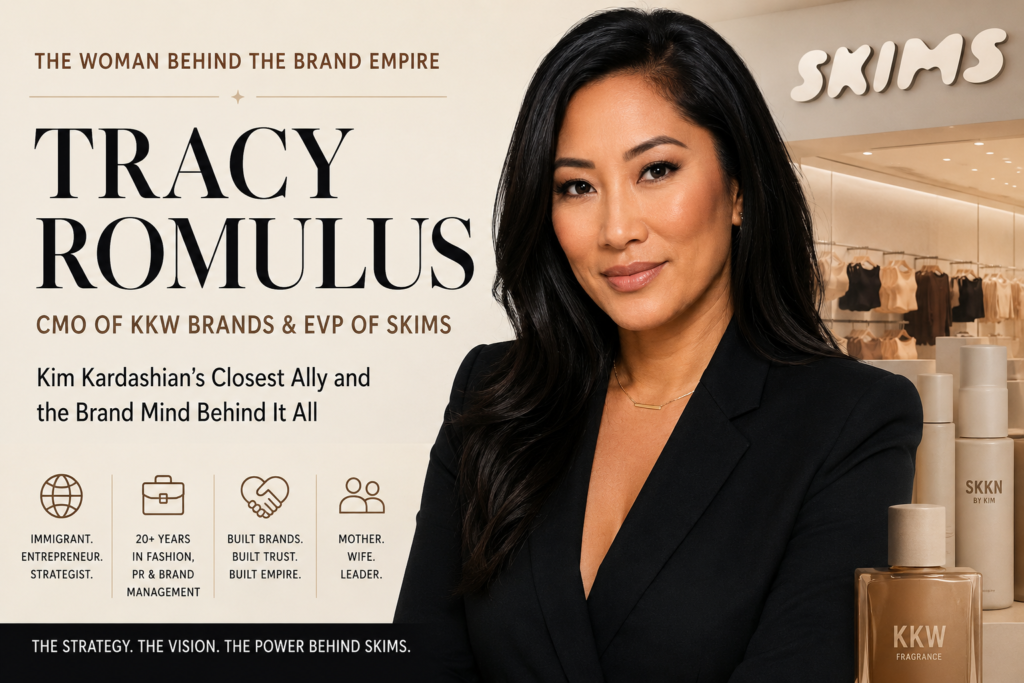 Professional portrait-style featured image of Tracy Romulus and Kim Kardashian with SKIMS branding elements in the background, highlighting Tracy Romulus as the executive and marketing strategist behind the brandโs success.