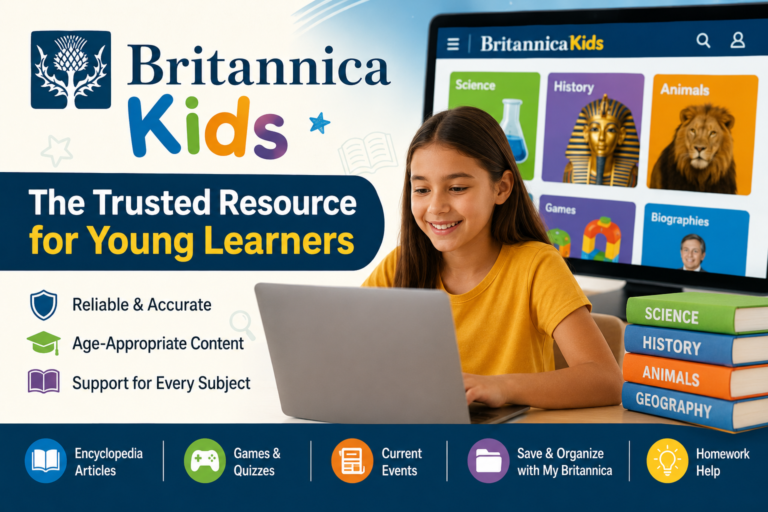 Educational featured image for Britannica Kids showing a young student using a laptop while exploring learning resources. The graphic highlights age-appropriate educational content across subjects such as science, history, animals, geography, and biographies, with icons representing encyclopedia articles, games, quizzes, current events, homework help and research organization tools.
