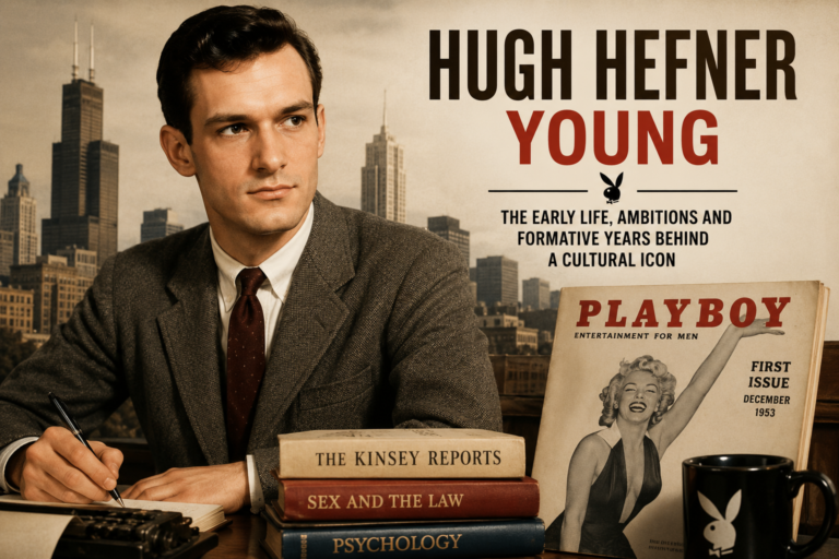 Hugh Hefner Young seated at a desk in 1950s Chicago, writing notes beside books on psychology and the Kinsey Reports, with a vintage Playboy first issue displayed in the foreground against a sepia-toned city skyline.