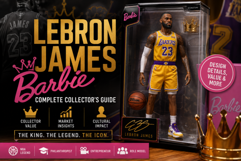 LeBron James Barbie collector doll displayed in premium packaging, featuring a basketball superstar-inspired figure wearing a gold and purple number 23 uniform, holding a basketball, with crown-themed design elements highlighting collector value, market appeal and cultural impact.
