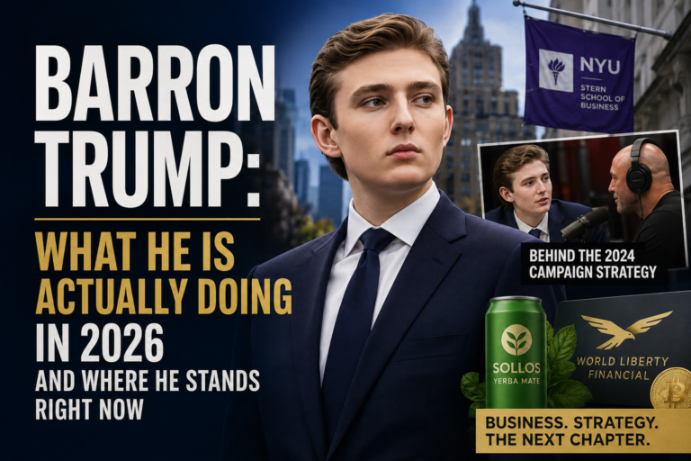 Barron Trump 2026 featured image showing Barron Trump in a business suit with NYU Stern references, entrepreneurship themes and visuals highlighting his growing role in business and public life.