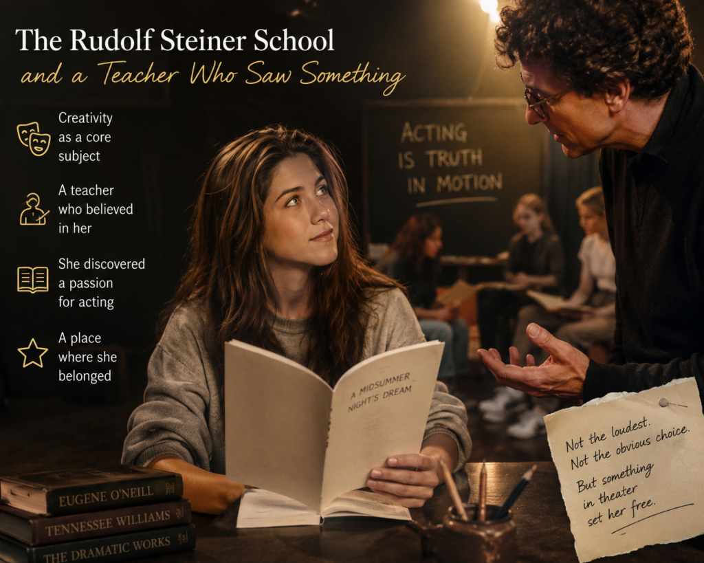 Jennifer Aniston Young's sits in a drama classroom holding a script while a supportive acting teacher guides her, symbolizing the early encouragement and creative education that inspired her acting career at the Rudolf Steiner School.