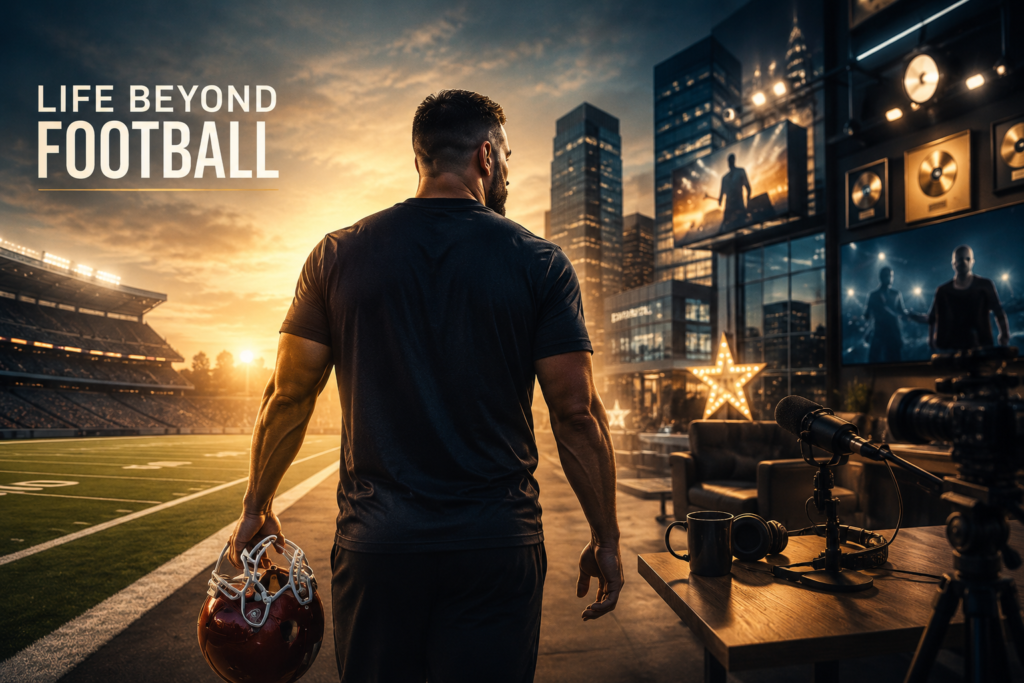 A veteran football player stands between a stadium and a modern media studio, symbolizing the transition from a successful NFL career to future opportunities in broadcasting, entertainment and business.