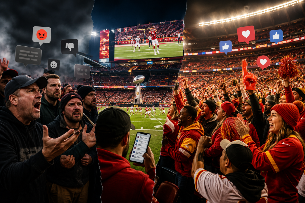 Travis Kelce Taylor Swift fan culture illustration showing divided NFL fan reactions inside a packed football stadium, with some fans debating celebrity coverage while others celebrate during a championship game, symbolizing the crossover between sports, pop culture and social media.