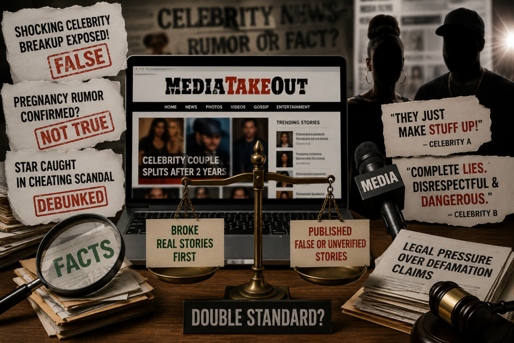 MediaTakeOut reputation concept illustration showing a divided media landscape with fact-checking symbols, news headlines, legal documents, and public debate surrounding accuracy, rumors and celebrity reporting.