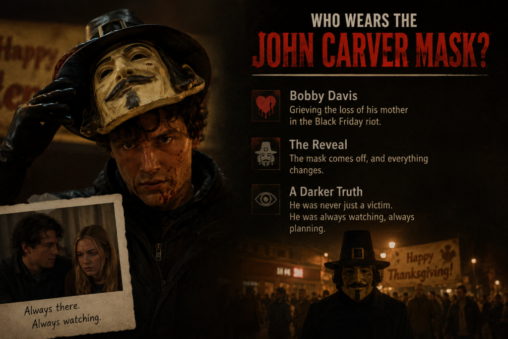 John Carver mask reveal scene from Thanksgiving, showing Bobby Davis removing the iconic mask while standing in a dark, suspenseful setting. The horror-themed image highlights the killer's identity, his connection to the Black Friday tragedy and the shocking twist that redefines the story.