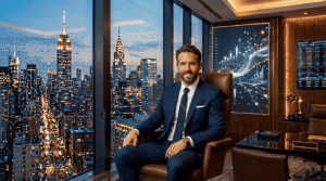 Ryan Reynolds-inspired entrepreneur portrait representing wealth, acting success, and business investments