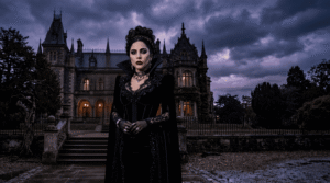 Pop superstar inspired by Lady Gaga in a gothic setting related to Wednesday