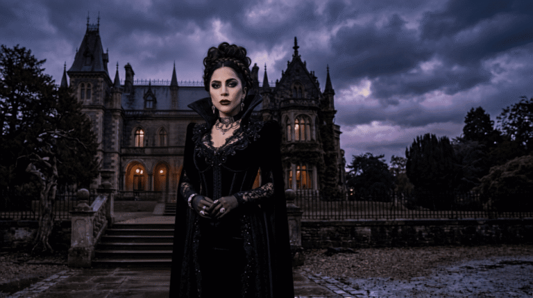 Pop superstar inspired by Lady Gaga in a gothic setting related to Wednesday