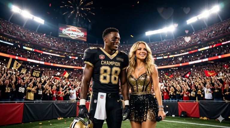 An athletic football player in a black and gold champion uniform stands alongside a glamorous pop superstar in a shimmering gold and black dress on a stadium field during a championship game night, surrounded by a cheering crowd and bright stadium lights.