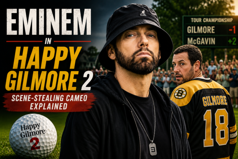 Eminem Happy Gilmore 2 featured image showing the rapper on a golf course alongside Happy Gilmore, highlighting the movie's most talked-about cameo and tournament scene.