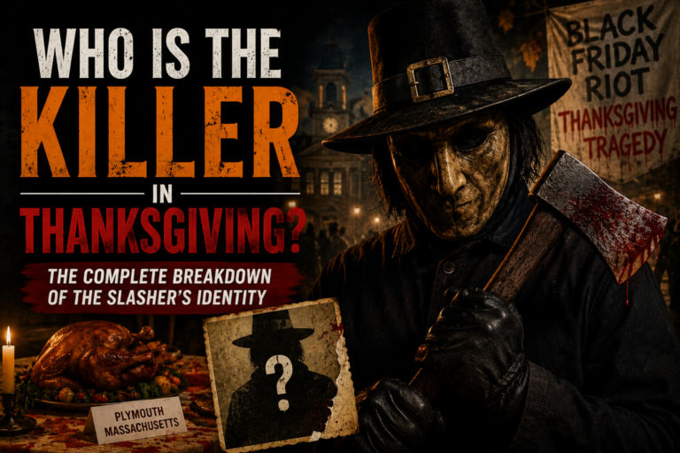 Who is the killer in Thanksgiving featured image showing the John Carver masked slasher holding a bloody axe in a dark Plymouth setting inspired by the 2023 horror film.