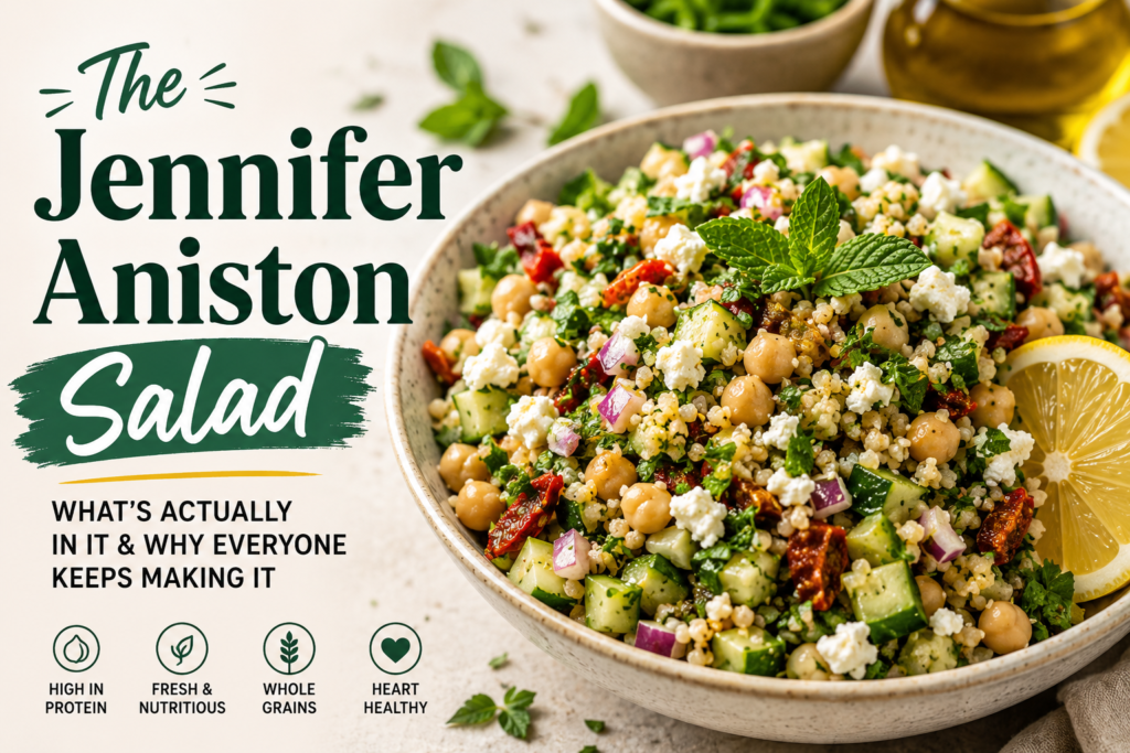 Jennifer Aniston salad served in a bowl with chickpeas, bulgur wheat, cucumber, feta cheese, fresh herbs and lemon, showcasing the healthy Mediterranean-inspired recipe.