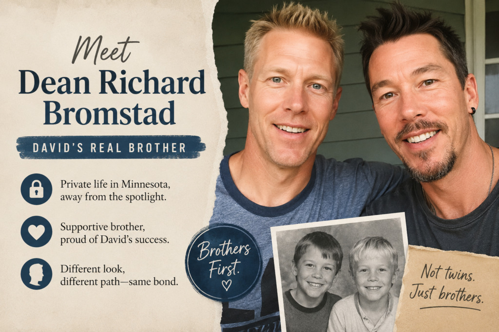David Bromstad twin brother Dean Richard Bromstad standing beside David in a casual family-style portrait, highlighting their sibling bond and contrasting appearances in a warm, natural setting.