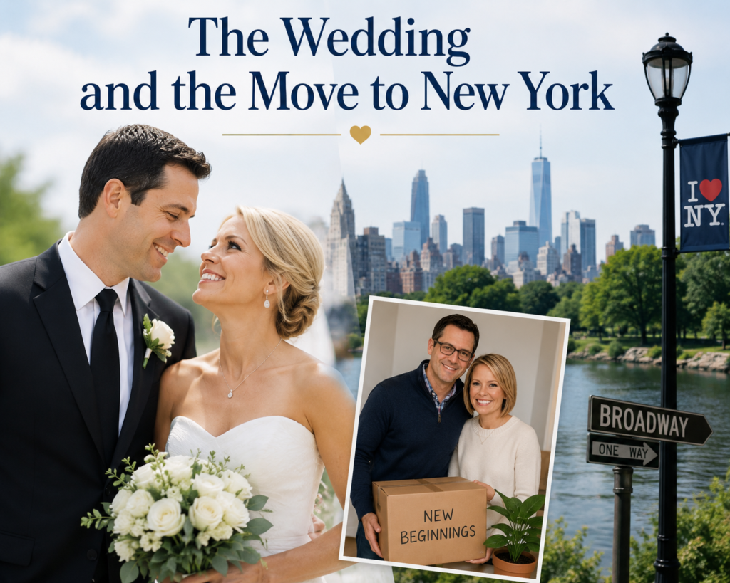 Brian Fichera and Dylan Dreyer on their wedding day alongside imagery representing their move to New York, highlighting the couple's journey from marriage to building a new life and career in the city.