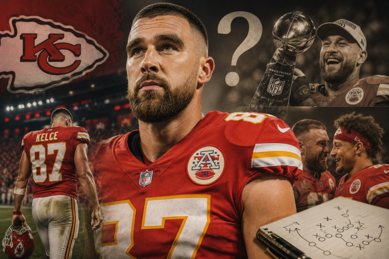 Travis Kelce in a Kansas City Chiefs uniform stands on the field during a game, reflecting on his future after retirement speculation. The image highlights the veteran tight end's decision to return for the 2026 NFL season following a disappointing 2025 campaign.