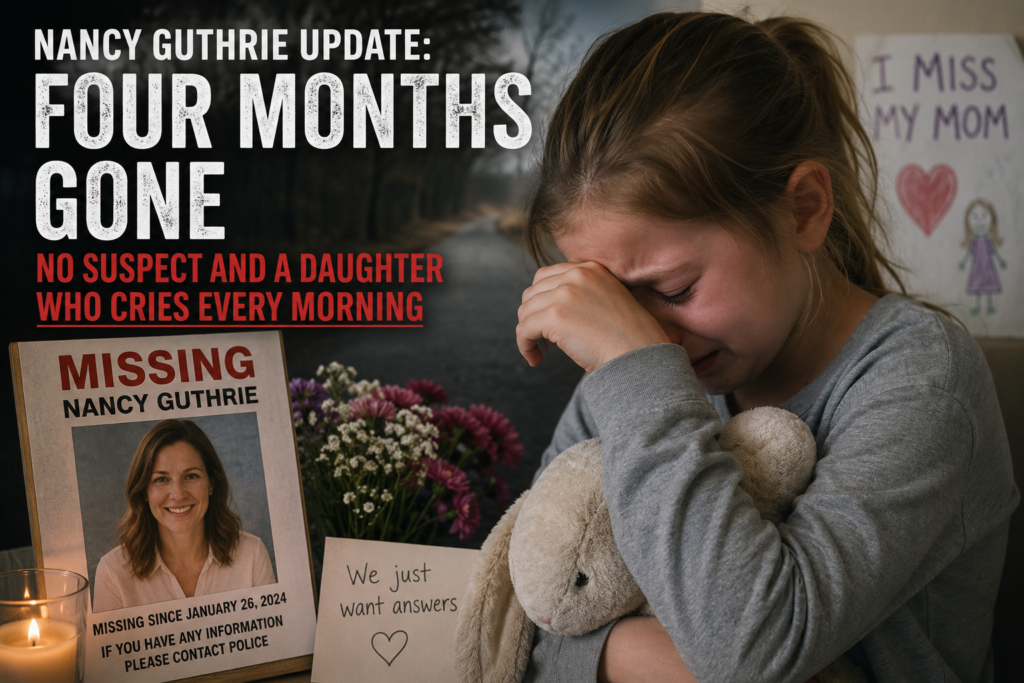 Nancy Guthrie update featured image showing a crying young girl holding a stuffed toy beside a missing person poster, candles and flowers as the search for Nancy Guthrie continues four months after her disappearance.