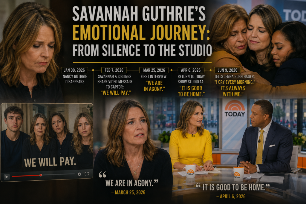 Savannah Guthrie emotional journey illustrated through a collage of emotional moments, family appeals and her return to the Today show following her mother's disappearance, highlighting grief, resilience and hope.