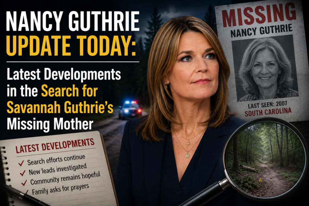 Nancy Guthrie Missing Mother featured image showing Nancy Guthrie alongside a missing person poster, search investigation elements and updates related to the disappearance of her mother.
