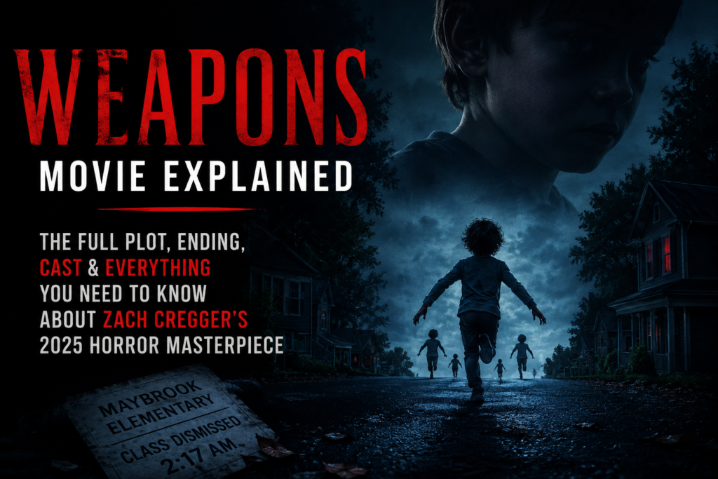 Weapons Movie Explained featured image showing a dark suburban street at night with children running into the distance, a mysterious shadowy figure looming overhead and a chilling horror atmosphere inspired by the 2025 film Weapons.