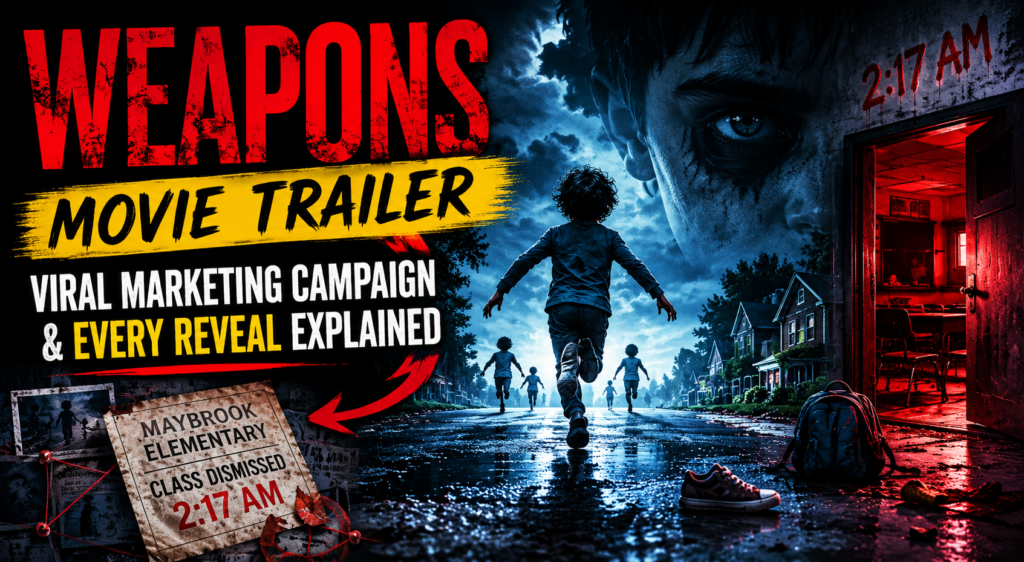 Weapons Movie Trailer featured image showing children running down a dark suburban street at night, mysterious clues scattered across the scene and a haunting atmosphere inspired by the film's viral marketing campaign.