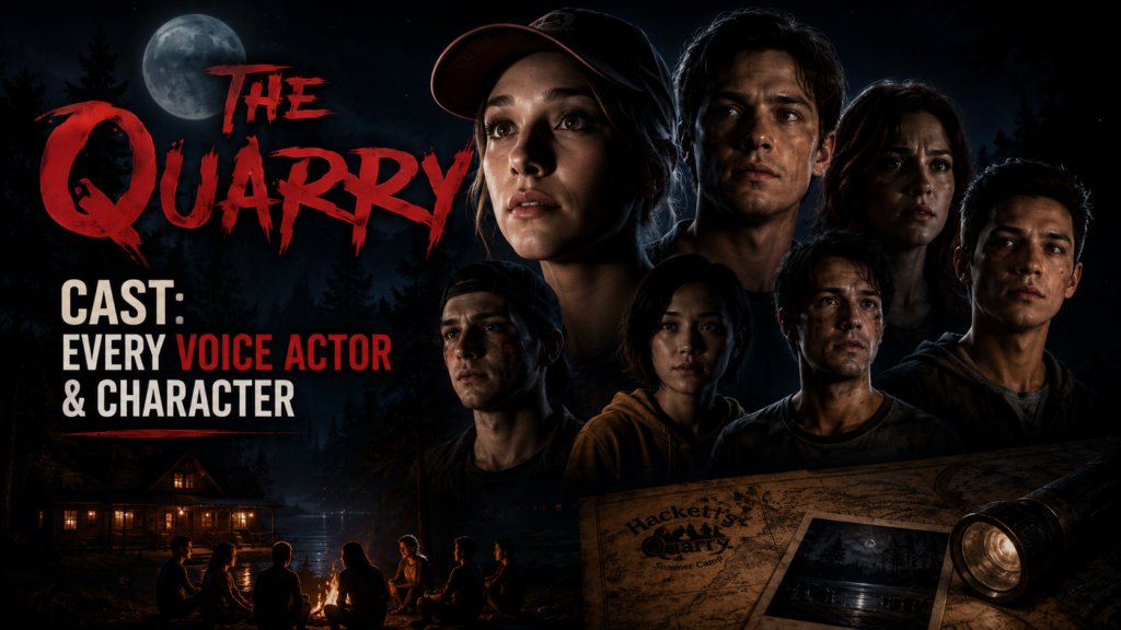 The Quarry Cast featured image showing the main camp counselors gathered in a dark forest under moonlight, highlighting the voice actors and characters from Supermassive Games' horror adventure.