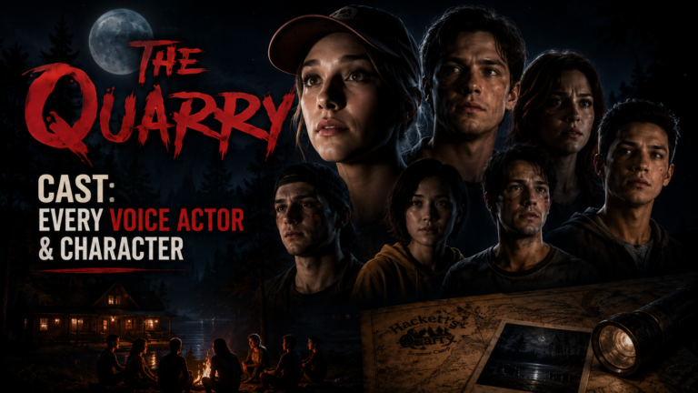 The Quarry Cast featured image showing the main camp counselors gathered in a dark forest under moonlight, highlighting the voice actors and characters from Supermassive Games' horror adventure.