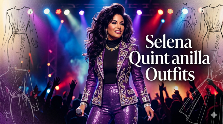 A professional blog featured image showing a glamorous Latina singer on a concert stage, inspired by 1990s Tejano fashion. She wears a modest, elegant purple sequined blazer with intricate gold and silver embroidery over a black turtleneck, matching high-waisted pants, and a gold necklace. She has voluminous dark hair and holds a microphone. The background features bright concert stage lights, a cheering crowd silhouette, and subtle fashion design sketches layered on the sides. Large, white, elegant typography reads "Selena Quintanilla Outfits".