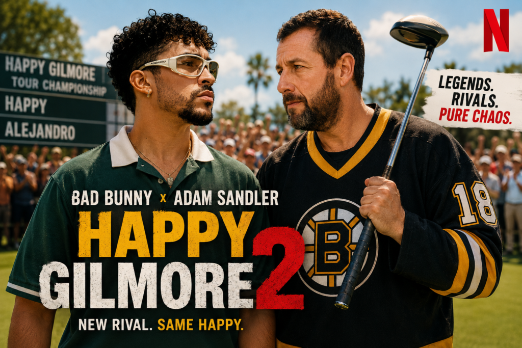 Bad Bunny and Adam Sandler face off on a golf course in a promotional-style poster for Happy Gilmore 2. The two stand nose-to-nose in front of a cheering crowd, highlighting their rivalry in the Netflix comedy sequel.