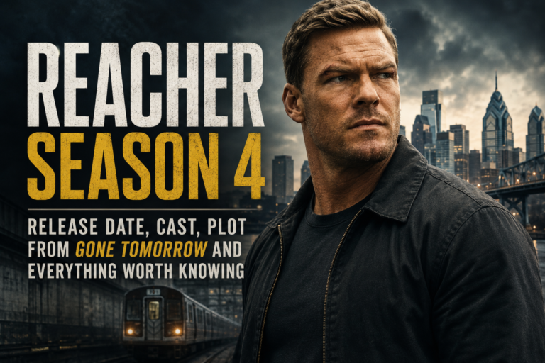 Promotional poster for Reacher Season 4 featuring Jack Reacher standing in front of a subway train and the Philadelphia skyline. Supporting characters surround him against a dark, action-filled backdrop, highlighting the upcoming season's conspiracy storyline, intense action and 2026 release.