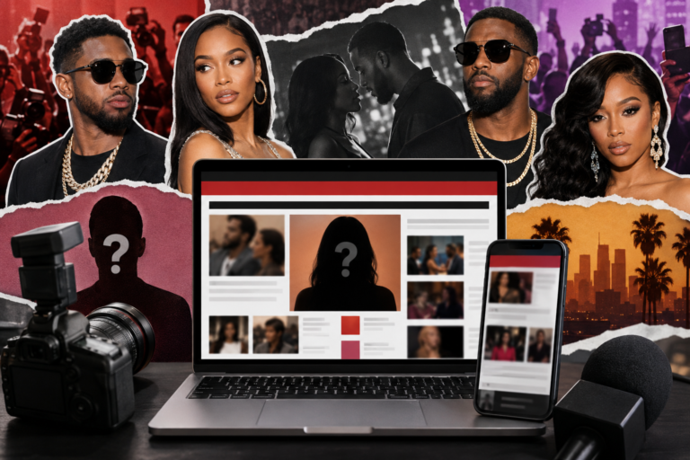 Collage-style featured image representing celebrity gossip media, showing a laptop and smartphone displaying entertainment news content surrounded by cameras, microphones, celebrity silhouettes, paparazzi flashes, and social media-inspired visuals. The image symbolizes online celebrity news, rumors, and digital entertainment culture.