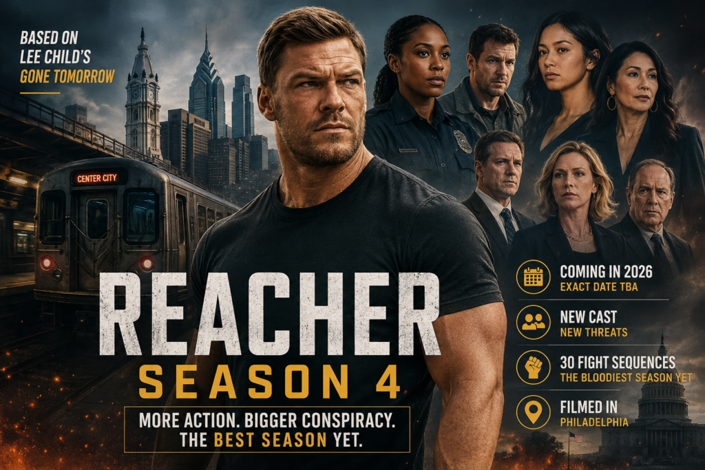 Promotional poster for Reacher Season 4 featuring Jack Reacher standing in front of a subway train and the Philadelphia skyline. Supporting characters surround him against a dark, action-filled backdrop, highlighting the upcoming season's conspiracy storyline, intense action and 2026 release.