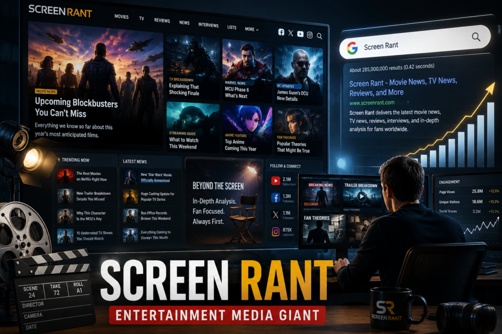 Why Screen Rant became a leading entertainment media website, featuring movie news dashboards, streaming coverage, search rankings, analytics growth charts and a content creator working at multiple screens.