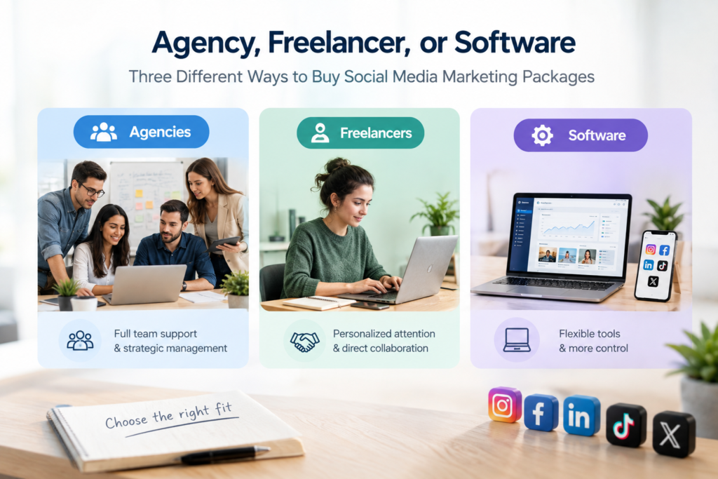 Infographic comparing agencies freelancers and software as three options for Social Media Marketing Packages.