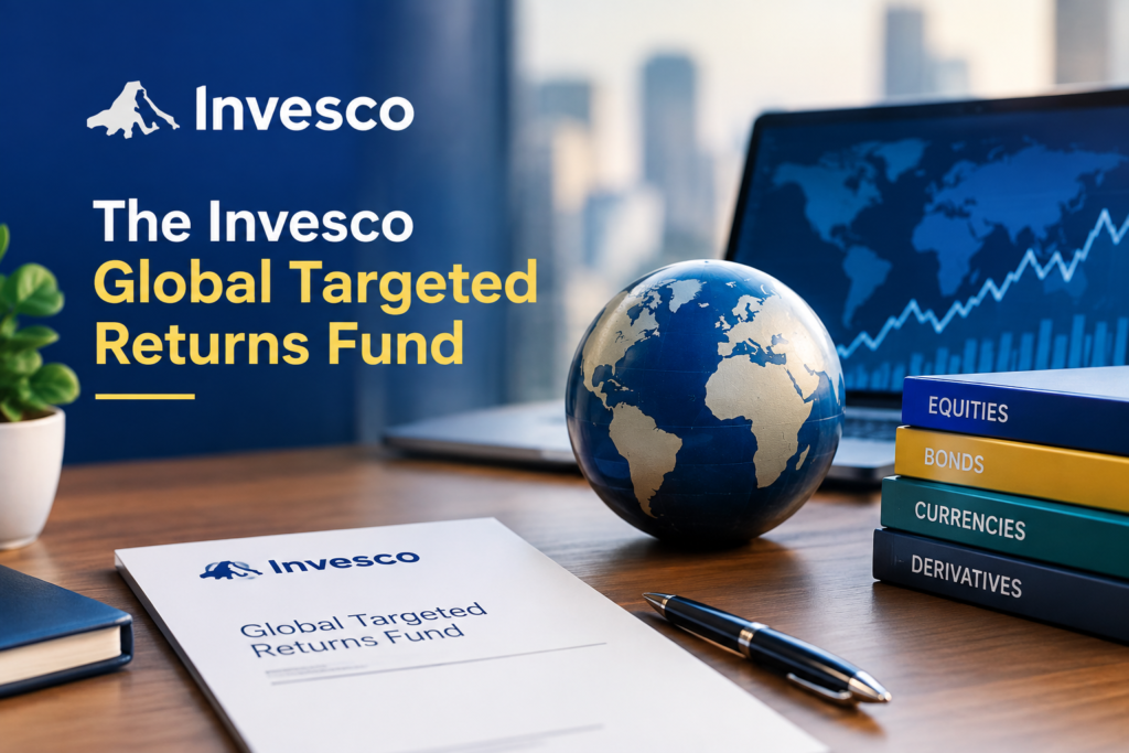The Invesco Global Targeted Returns Fund represented through a global investment scene with financial charts asset allocation concepts and a fund document.