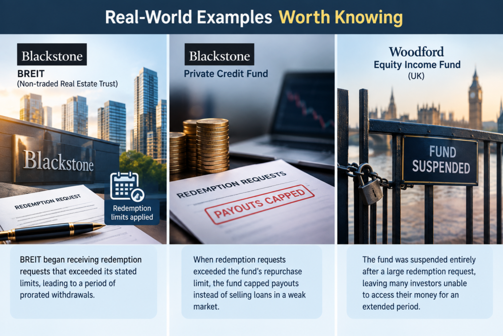 Financial infographic showing three real-world fund liquidity examples: Blackstone BREIT with prorated withdrawals Blackstone Private Credit Fund with capped payouts and Woodford Equity Income Fund with a full suspension.