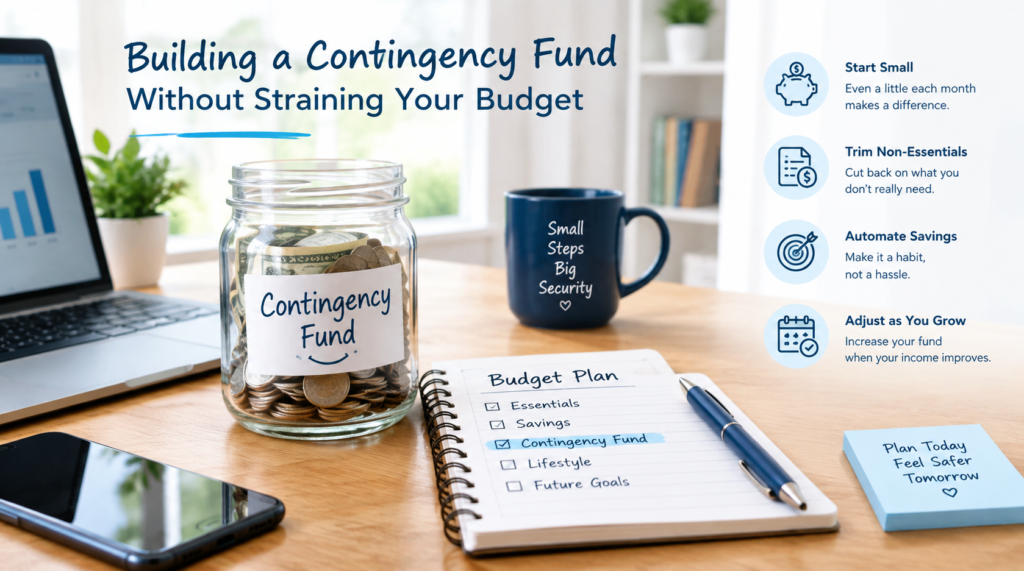 Financial contingency fund planning with a budget notebook savings jar laptop and organized personal finance workspace.