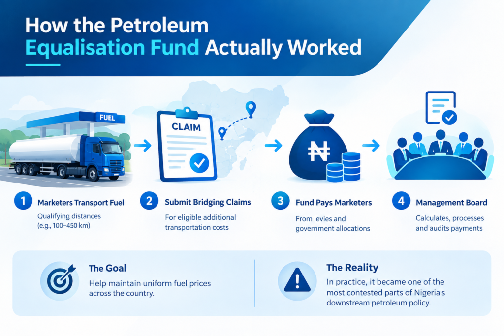 Petroleum Equalisation Fund process showing fuel transportation bridging claims marketer reimbursements and fund management.