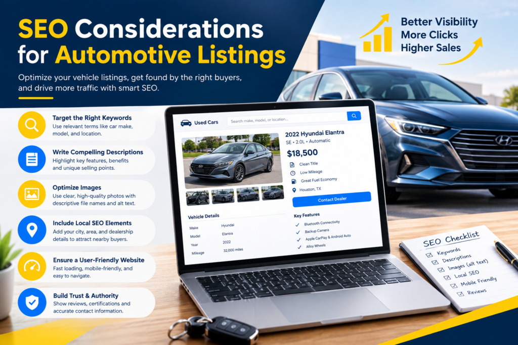 SEO considerations for automotive listings with optimized car descriptions keywords images local SEO and user-friendly website elements.