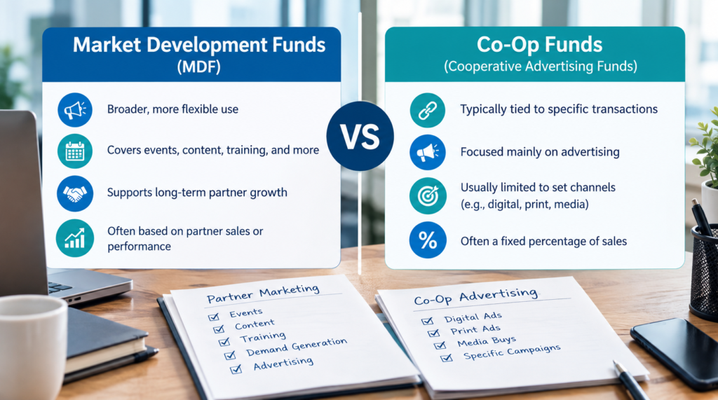 Market Development Funds versus Co-Op Funds comparison showing differences in flexibility marketing activities partner growth and advertising requirements.