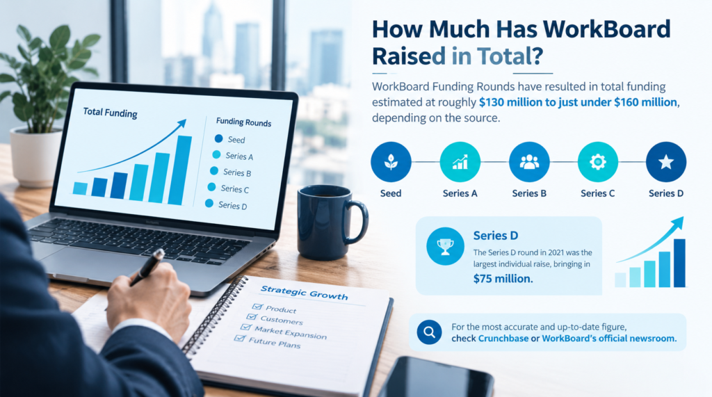 WorkBoard Funding Rounds showing total funding estimates funding stages from Seed to Series D and the $75 million Series D raise.