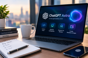 ChatGPT Astra displayed on a laptop with AI coding computer operation research and website creation features